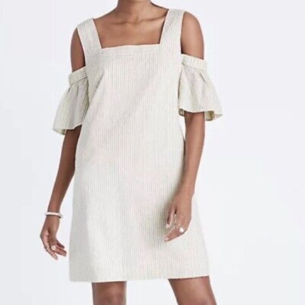 Madewell White Grey Striped Cold Shoulder Square Neck Shift Mini Dress 0 - Picture 1 of 11